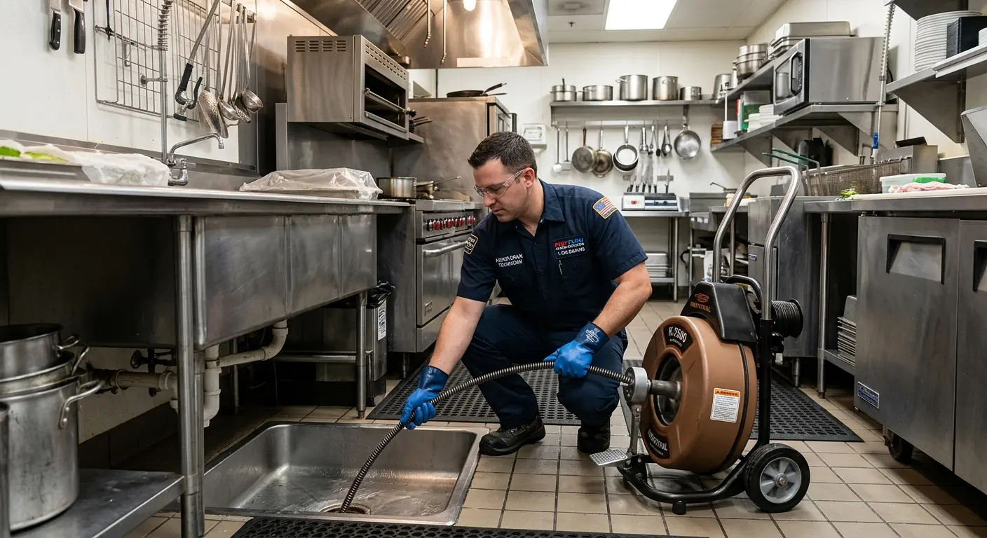Commercial drain cleaning service in a restaurant kitchen in Westport