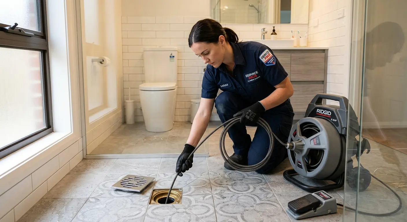 Technician clearing a bathroom floor drain for Drain Cleaning in Westport